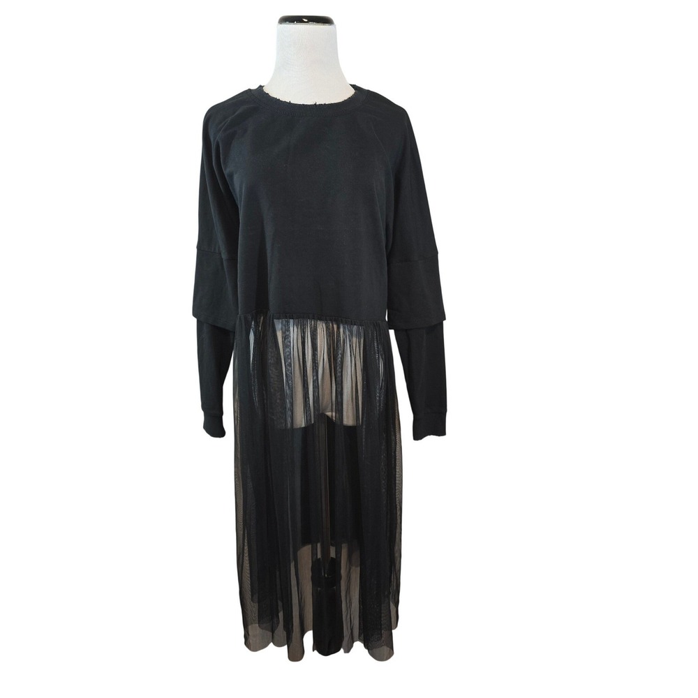 Zara Woman Black Sweatshirt Tulle Dress Distressed Crew Neck Long Sleeve Small